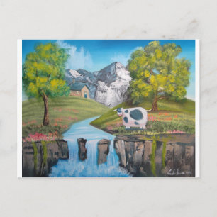Cow waterfall folk art oil painting by G Bruce Postcard