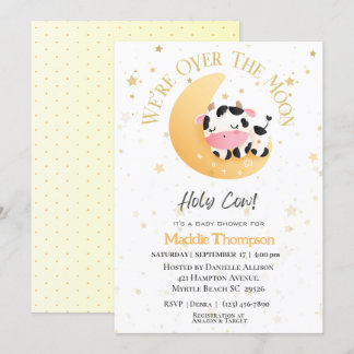 Cow We Are Over The Moon Yellow Baby Shower Invitation