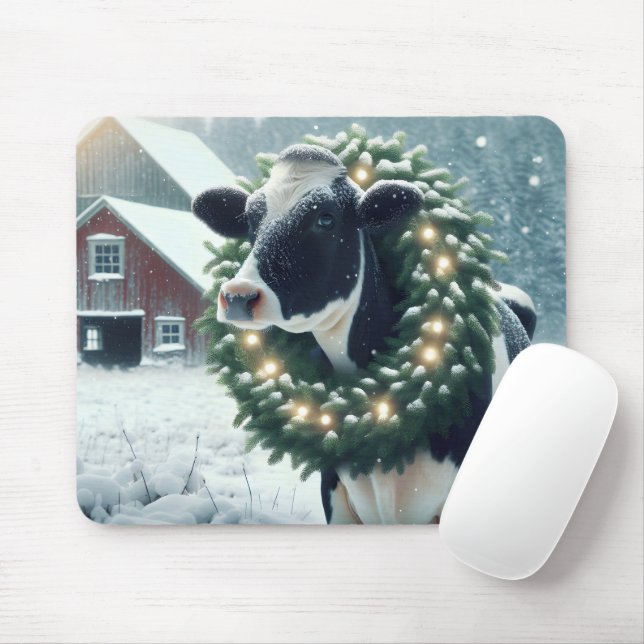 Cow Wearing Lighted Christmas Wreath Mouse Pad (With Mouse)