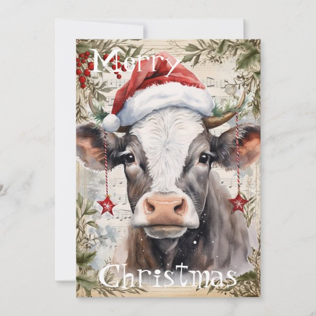 Cow Winter Christmas Watercolor Holiday Card (Front)
