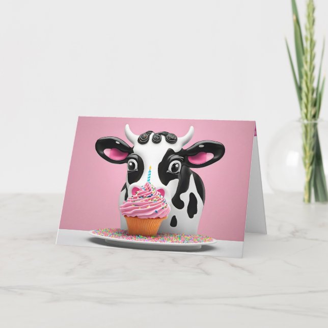 Cow With Birthday Cupcake Humour Card (Front)