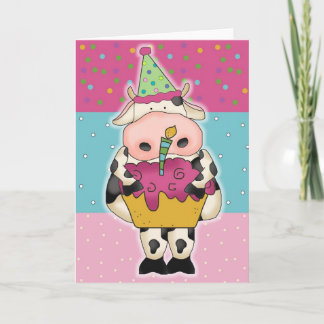 Cow with Cupcake Birthday Card