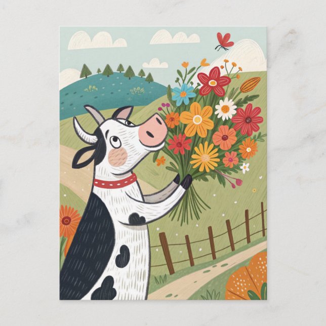 Cow with flowers funny and cute postcard (Front)