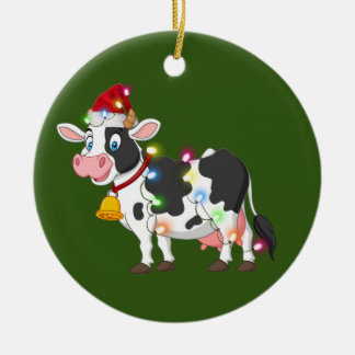 Cow With Hat Lights Christmas Ceramic Tree Decoration