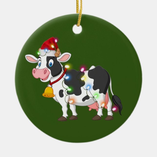 Cow With Hat Lights Christmas Ceramic Tree Decoration (Front)