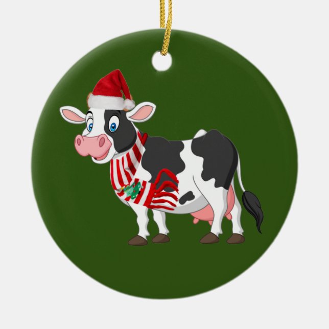 Cow With Hat Scaft Christmas Ceramic Tree Decoration (Front)
