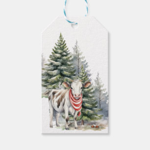 cow with pine trees gift tag