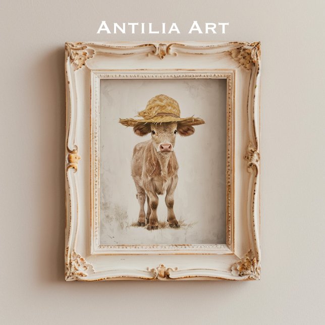 Cow with Straw Hat Whimsical Farm Animal Calf  Poster (Creator Uploaded)