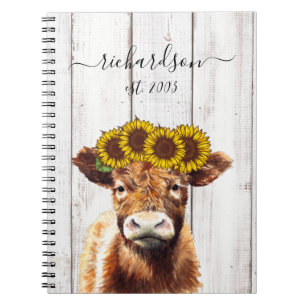 Cow with Sunflower Crown Name  Notebook