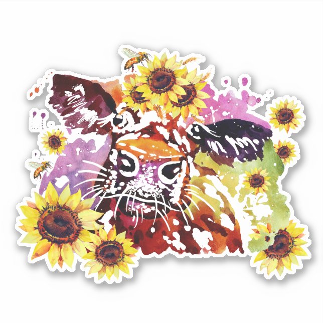 Cow with Sunflowers Custom-Cut Vinyl Sticker (Front)