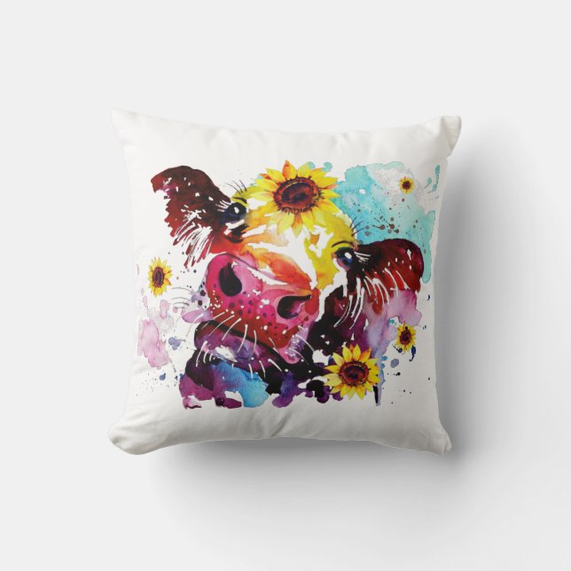 Cow with Sunflowers Farmhouse Throw Pillow (Front)