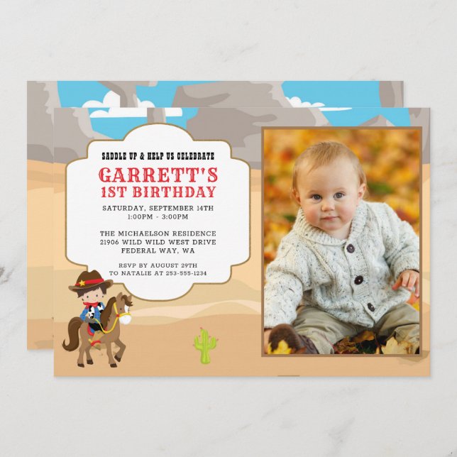 Cowboy 1st Birthday Photo Party Invitation (Front/Back)