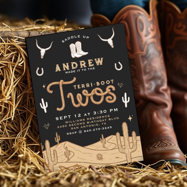 Cowboy 2nd Birthday Party Terri-Boot Twos Black Invitation (Cowboy 2nd Birthday Party Terri-Boot Twos Western Invitation
)