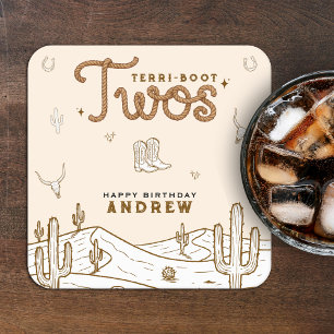 Cowboy 2nd Birthday Party Terri-Boot Twos Western Square Paper Coaster