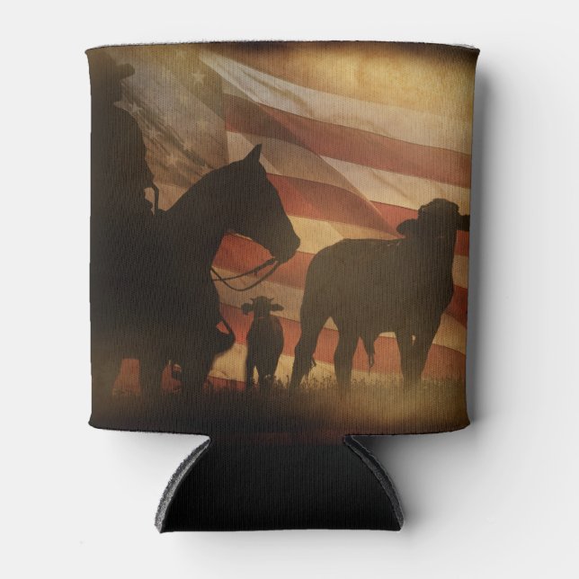 Cowboy and American Flag Distressed Can Cooler (Front)