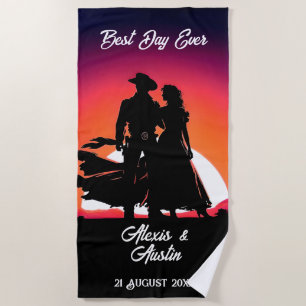 Cowboy and Bride at Sundown Wedding Beach Towel