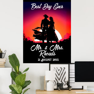 Cowboy and Bride at Sundown Wedding Poster