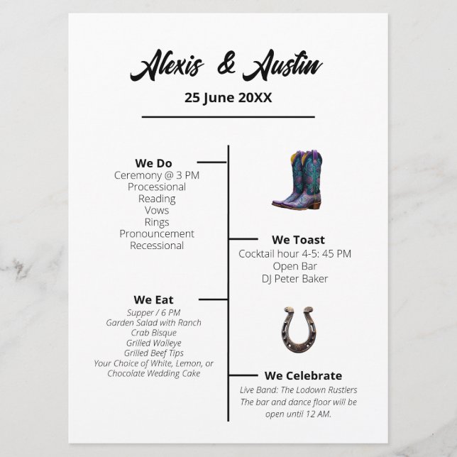 Cowboy  and Bride Western Style Wedding Program Menu (Front)