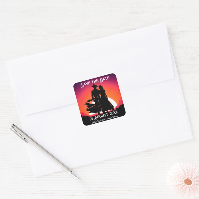 Cowboy and Cowgirl at Sundown Save the Date Square Sticker (Envelope)