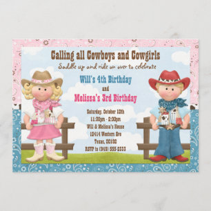 Cowboy and Cowgirl Joint Sibling Birthday Party Invitation
