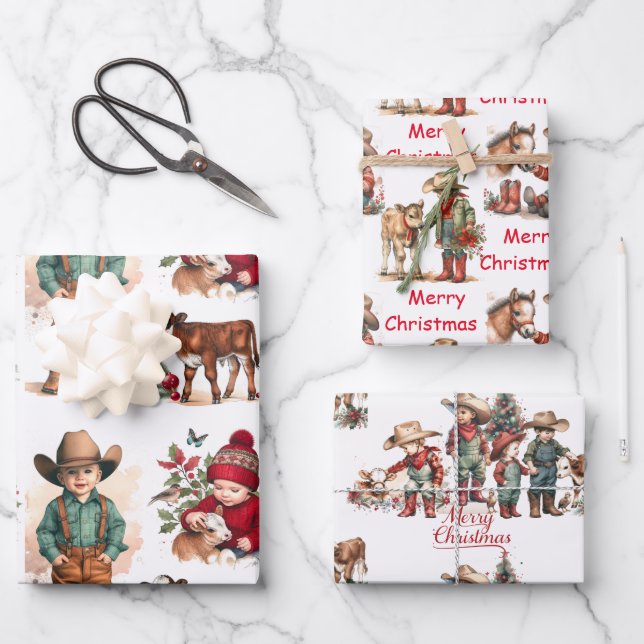 Cowboy and Cowgirl Kids Country Christmas Wrapping Paper Sheet (Front)