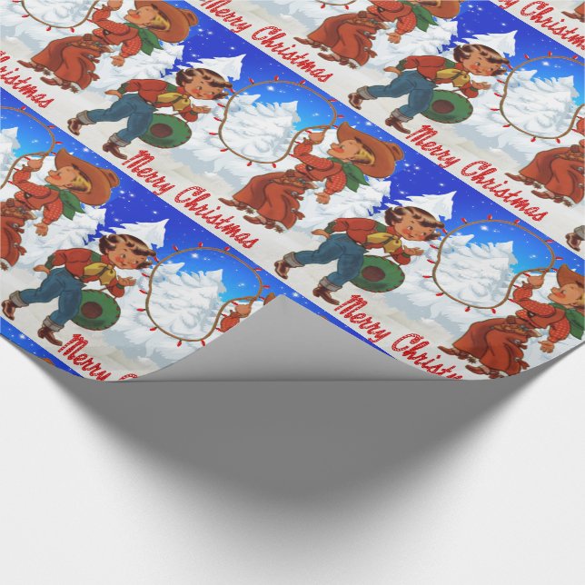 Cowboy And Cowgirl Kids Winter Merry Christma Wrapping Paper (Corner)