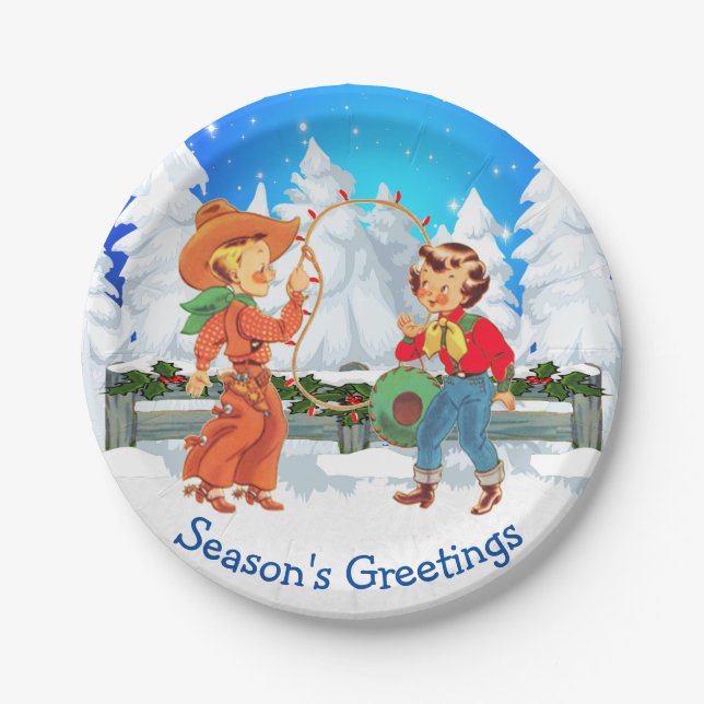 Cowboy And Cowgirl Kids Winter Scene Rope Lights Paper Plate (Front)
