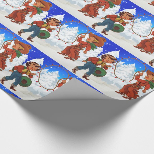 Cowboy And Cowgirl Kids With Rope Lights Wrapping Paper (Corner)