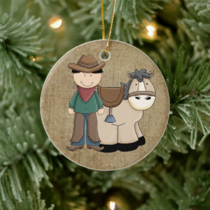 Cowboy and His Pony and Sheriff Badge Ceramic Tree Decoration