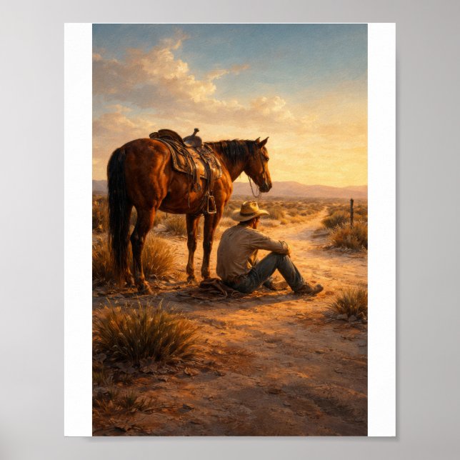 Cowboy and horse at sunset poster (Front)