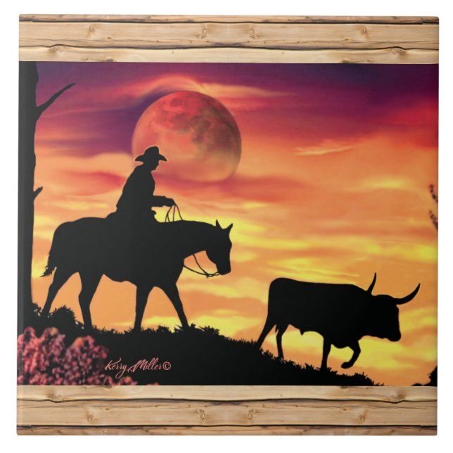 Cowboy And Longhorn Steer Ceramic Tile (Front)