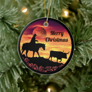 Cowboy And Longhorn Steer Ceramic Tree Decoration