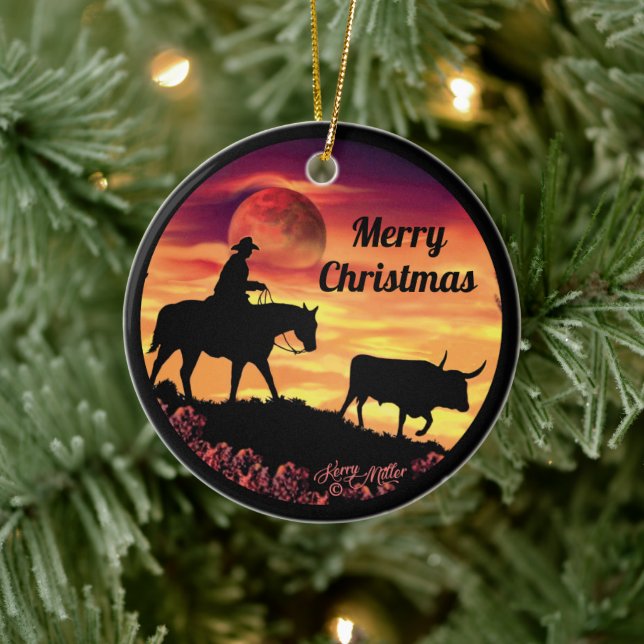 Cowboy And Longhorn Steer Ceramic Tree Decoration (Tree)