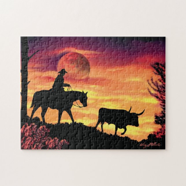 Cowboy And Longhorn Steer Jigsaw Puzzle (Horizontal)