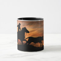 Cowboy and Steer Roping in the Sunset