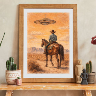 Cowboy and UFO Desert Scene Art, Western Sci-Fi Poster
