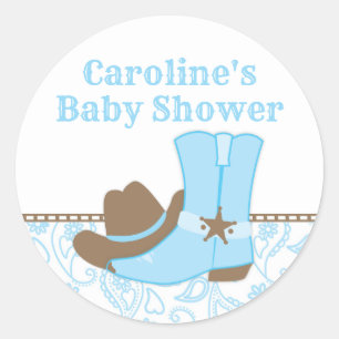 Cowboy Baby Shower Blue and Brown Classic Round Sticker