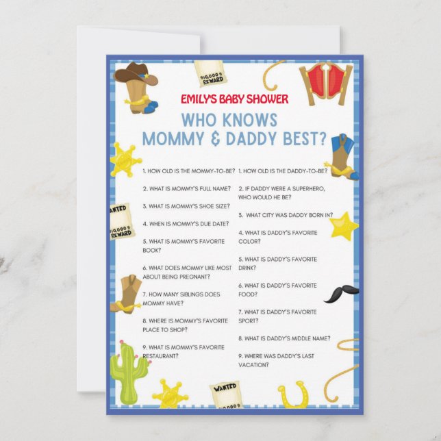 Cowboy Baby Shower Game - Editable Name, 5x7 size  Invitation (Front)