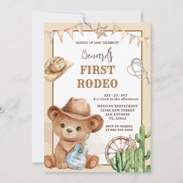 Cowboy Bear Western First Rodeo Birthday Invitation (Front)