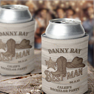 Cowboy Best Man Rustic Woodcut Bachelor Party Can Cooler