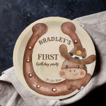 Cowboy birthday party baby horse in a hat paper plate<br><div class="desc">Cowboy birthday party cute baby horse in a felt hat and a horseshoe watercolor personalised party plates template.</div>