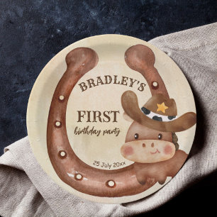 Cowboy birthday party baby horse in a hat paper plate