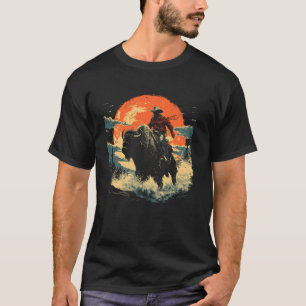 Cowboy Bison Buffalo Sunset Western Country Rodeo T-Shirt