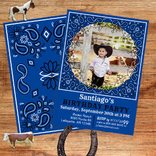 Cowboy Blue Bandanna Photo Birthday Invitation