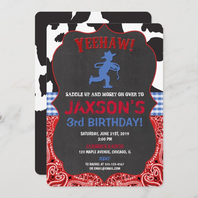 Cowboy blue red black boy birthday invitations (Front/Back)