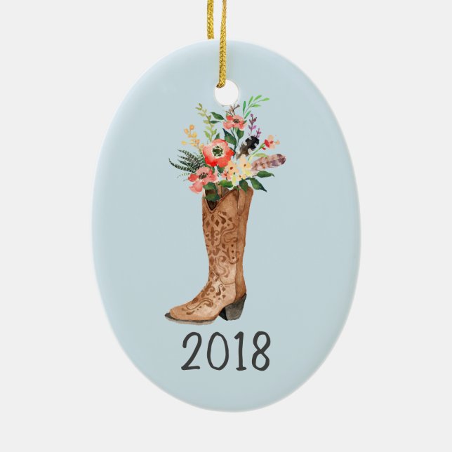 Cowboy Boot Bouquet Keepsake Year Ceramic Tree Decoration (Back)