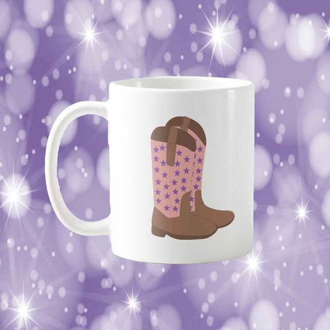 Cowboy Boot Brown Pink Purple Stars Coffee Mug (A mug with a pair of cowboy boots done in brown and pink with purple stars)