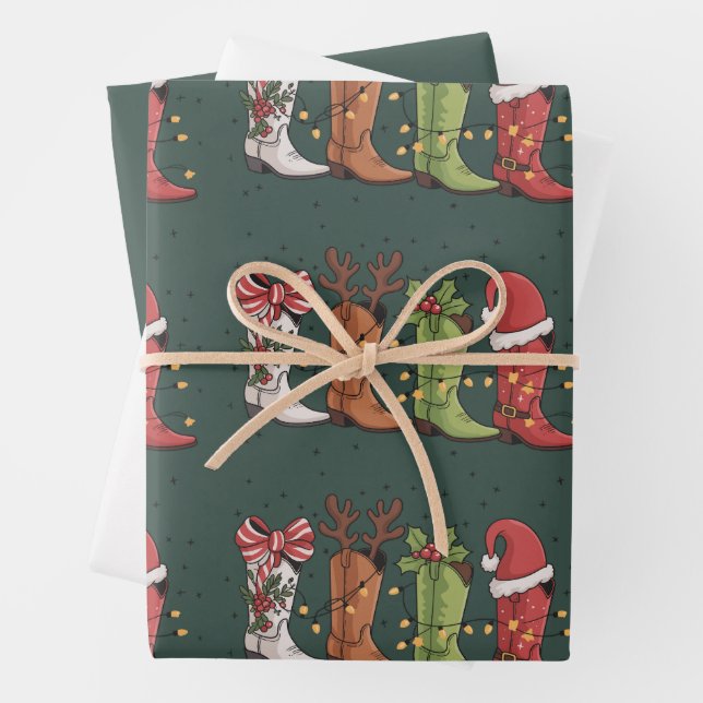 Cowboy Boot Christmas Western Cowgirl Country Xmas Wrapping Paper Sheet (In situ)