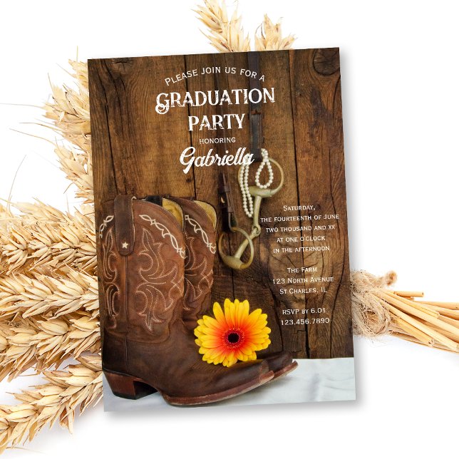 Cowboy Boot Daisy Country Western Graduation Party Invitation (Creator Uploaded)