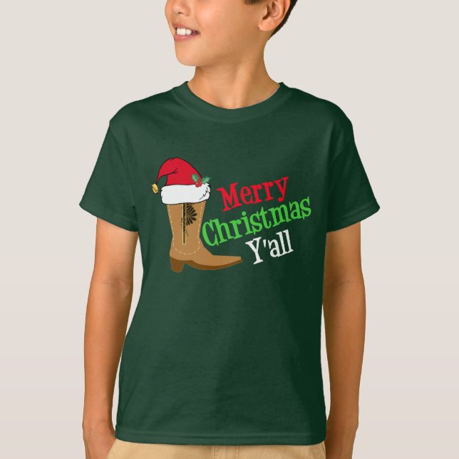 Cowboy Boot Merry Christmas Yall Kids T-Shirt (Front)